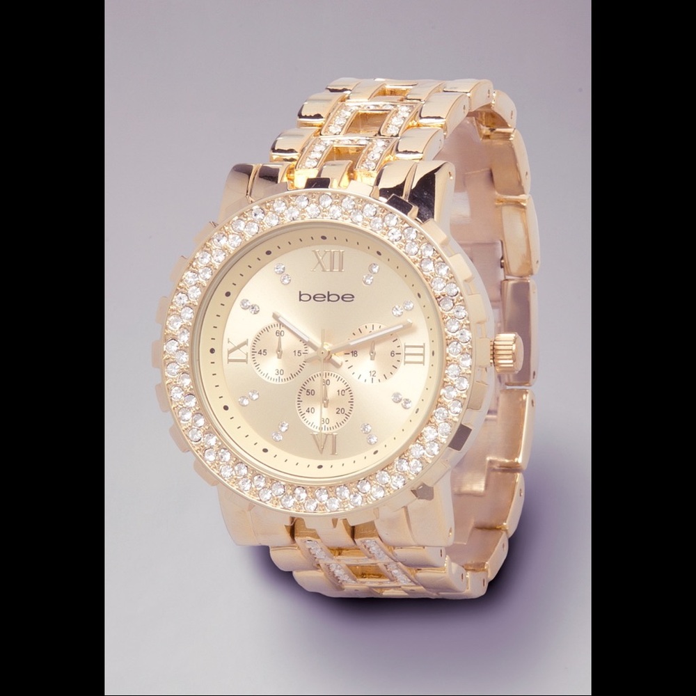 Bebe Metallic Gold Watch with Rhinestone Links